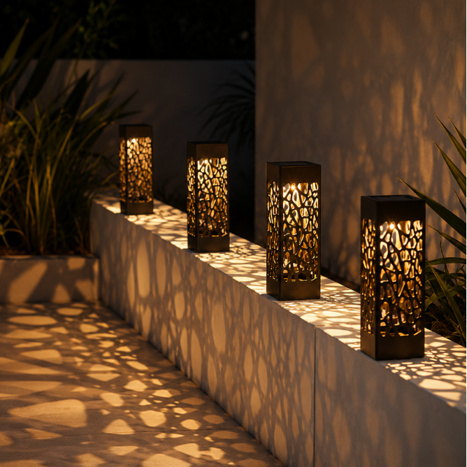 Four rectangular outdoor lanterns with intricate cutout patterns are arranged along a low concrete planter wall at night, casting warm golden light and shadow patterns across a tiled patio and wall.