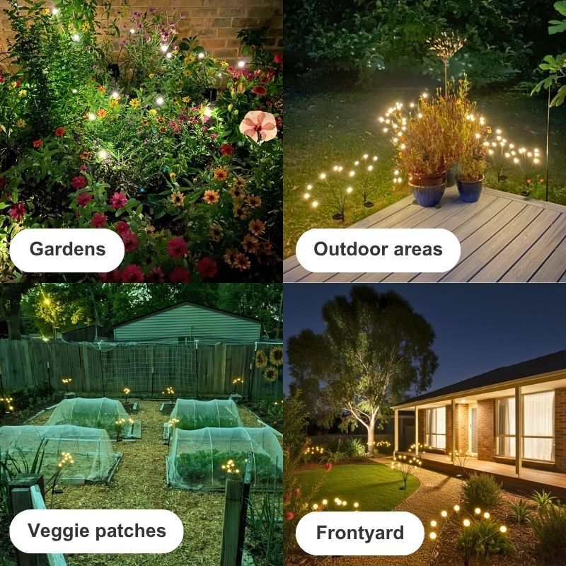 Collage of outdoor settings including gardens, outdoor areas, veggie patches, and a front yard with string lights.