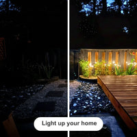 Before and after comparison of a garden pathway illuminated by lights.