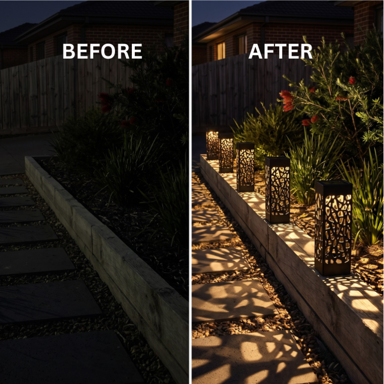 A side-by-side before and after comparison of outdoor garden lighting. The left panel, labeled BEFORE, shows a dark garden pathway with no visible light sources.