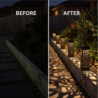 A side-by-side before and after comparison of outdoor garden lighting. The left panel, labeled BEFORE, shows a dark garden pathway with no visible light sources.