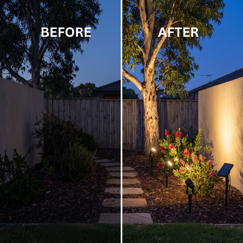 A side-by-side before and after comparison of a backyard garden at dusk. The left side is dark and labeled 'BEFORE,' showing a fence, tree, wall, and garden bed with little light.