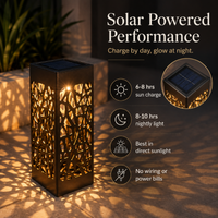 Solar powered decorative outdoor table lamp with a geometric tree branch cutout pattern, casting warm light on a patio surface. The image includes text and icons detailing its performance: 6-8 hours of sun charge, 8-10 hours of nightly light, best in direct sunlight, and no wiring or power bills.