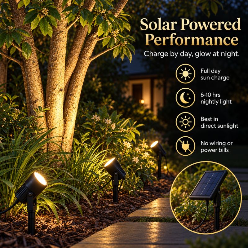 Solar-powered outdoor landscape lights shown in a garden pathway at night, with trees, plants, and a house in the background. Text on the right reads 'Solar Powered Performance' with feature icons for full-day sun charging, 6-10 hours of nighttime light, best in direct sunlight, and no wiring or power bills.