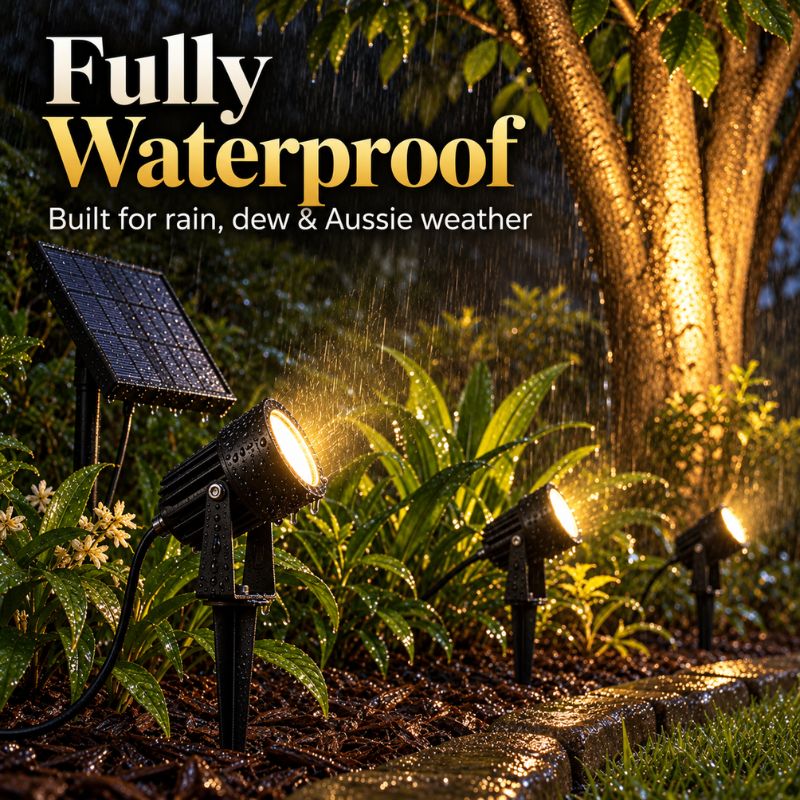 Three black solar-powered landscape spotlights installed in a garden at night during rain, casting warm yellow light onto plants and a tree trunk. Large text at the top reads 'Fully Waterproof' and 'Built for rain, dew & Aussie weather'.