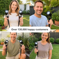 A four-panel collage showing different people outdoors in garden settings, each holding two black solar-powered light fixtures. A white banner across the center reads 'Over 130,000 happy customers'.